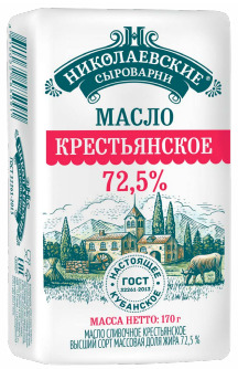 Масло сливочное Крестьянское м.д.ж. 72,5%  ТМ Николаевские сыроварни 170г