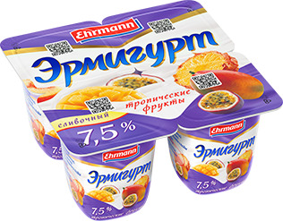 Йогурт EHRMANN Эрмигурт Экстра Сливочный 7,5% Тропические фрукты 100г БЗМЖ