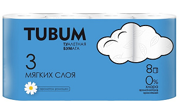 Бумага туалетная TUBUM 3 слоя, 8 рулонов белая