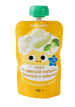 Пюре ВКУСВИЛЛ Пюре из цветной капусты, брокколи и кабачков с 5мес 90г д/п