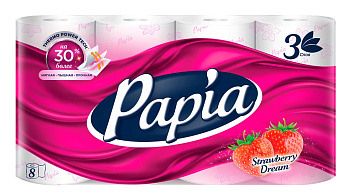 Бумага туалетная PAPIA Клубничная мечта белая с аром и рис 3сл 8шт