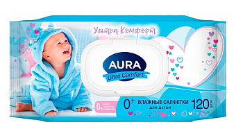 Салфетки влажные детские AURA ULTRA COMFORT с экстр.алоэ и вит.Е 120шт с крышкой