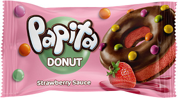 Кекс PAPITA DONUT с какао-глазурью,клубничной начинкой и цветным драже 40г