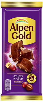 Шоколад ALPEN GOLD молочный с фундуком и изюмом 80/85г