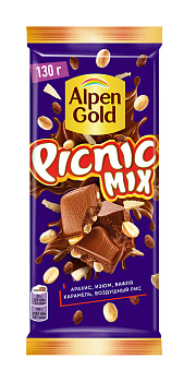 Шоколад молочный ALPEN GOLD PICNIC MIX с арахисом,изюмом,воздушным рисом,кусочками карамели и вафель