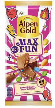 Шоколад ALPEN GOLD Max Fun с арахисом шок драже и карамелью 140г