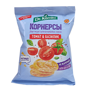 Чипсы Dr.Korner цельнозерновые Кукурузно рисовые с томатом и базиликом 50г
