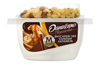 Творожный десерт ДАНИССИМО со вкусом крем-чиз соленая карамель с солоноватым печеньем и молочным шок