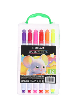 Фломастеры 12цв в пластик пенале с ручкой Мышка вентилир колпачок  2412151