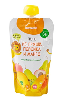 Пюре Вкусвилл из груши, персика и манго 200 г
