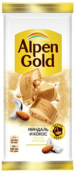 Шоколад ALPEN GOLD белый миндаль/кокос флоу-пак 80г