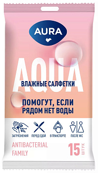 Салфетки влажные AURA FAMILY антибактериальные ромашка 15шт