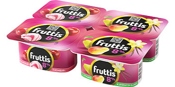 Продукт йогуртовый без ЗМЖ FRUTTIS суперэкстра 8% Вишн.пломбир/Груша-ваниль ванночка 115г