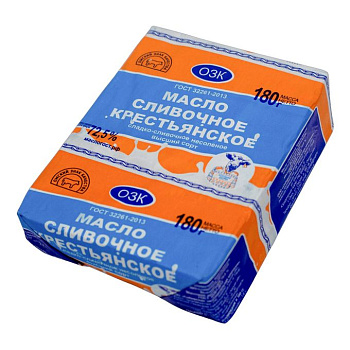 Масло сливочное Крестьянское 72,5% ГОСТ 32261-2013 ОЗК 180г без ЗМЖ