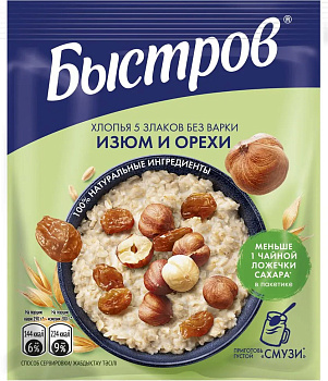 Каша б/п БЫСТРОВ 5 злаков изюм/орехи 40г
