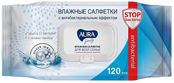 Салфетки влажные AURA FAMILY антибактер 120 шт. с крышкой