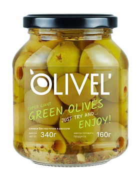 Оливки OLIVEL пряные в рассоле с маслом супергигант б/к 340г с/б