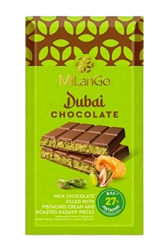 Молочный шоколад MILANGO Dubai с обжарен.кусочками кадаифа и начин.из фисташк. крема 122г