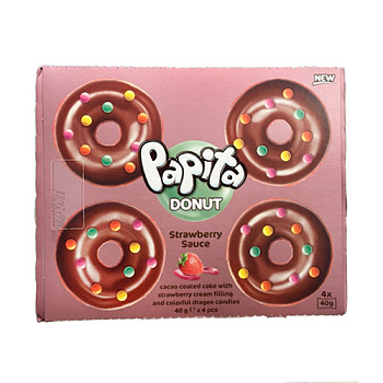 Кекс PAPITA DONUT с какао глазурью, клубничной начинкой и цветным драже 160г
